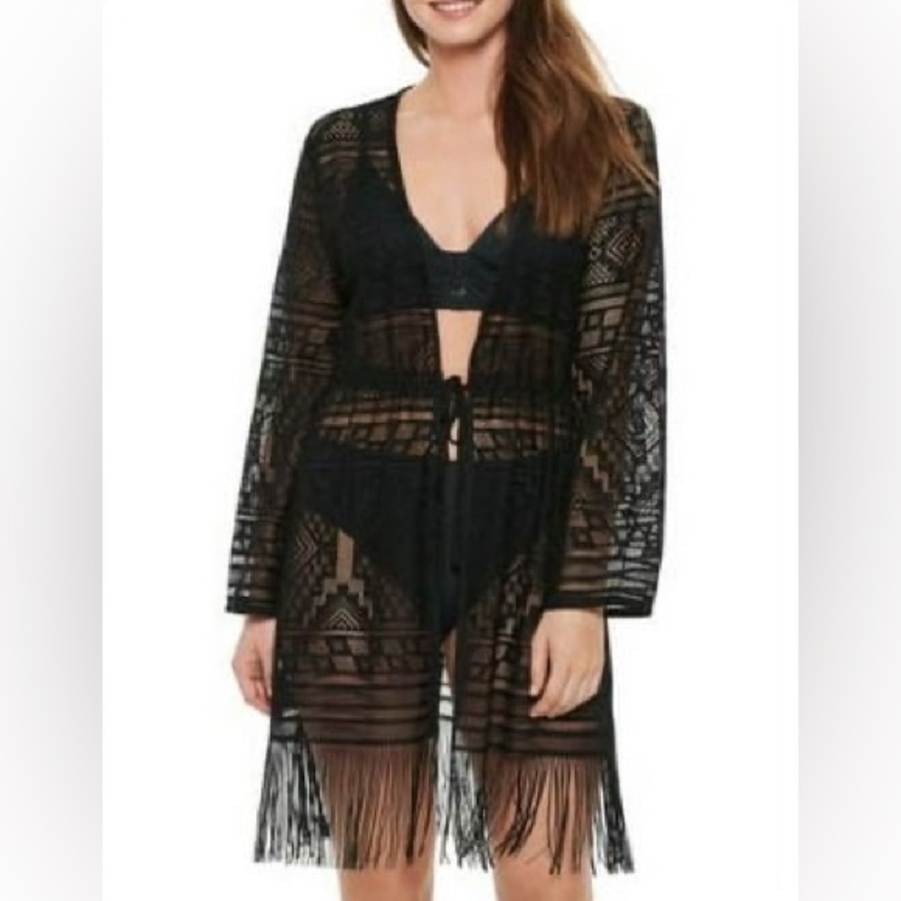 Dotti Women's Black Bemus Fringed Crochet Lightweight Kimono Cover-Up Size XL - Picture 6 of 6